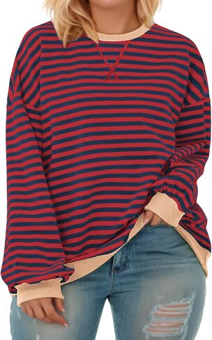 ROSRISS Womens-Plus-Size-Oversized-Sweatshirts Striped Colorblock Long Sleeve Shirts Casual Crewneck Pullover Sweaters XL-5XL in Saudi Arabia
