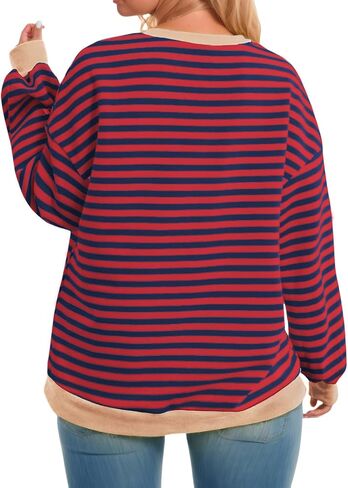 ROSRISS Womens-Plus-Size-Oversized-Sweatshirts Striped Colorblock Long Sleeve Shirts Casual Crewneck Pullover Sweaters XL-5XL in Saudi Arabia