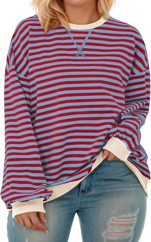 ROSRISS Womens-Plus-Size-Oversized-Sweatshirts Striped Colorblock Long Sleeve Shirts Casual Crewneck Pullover Sweaters XL-5XL in Saudi Arabia