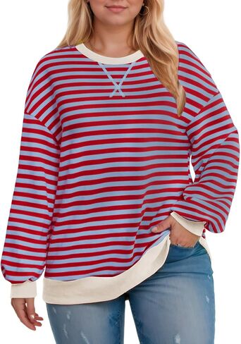 ROSRISS Womens-Plus-Size-Oversized-Sweatshirts Striped Colorblock Long Sleeve Shirts Casual Crewneck Pullover Sweaters XL-5XL in Saudi Arabia