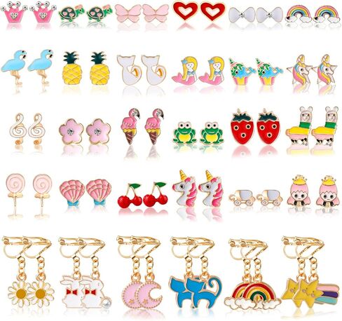 Clip On Earrings for Girls 20/30/40 Pairs Hypoallergenic Clip on Earrings for Kids Cute Animal Earrings for Little Girls Jewelry Set Party Favor Gift in Kuwait