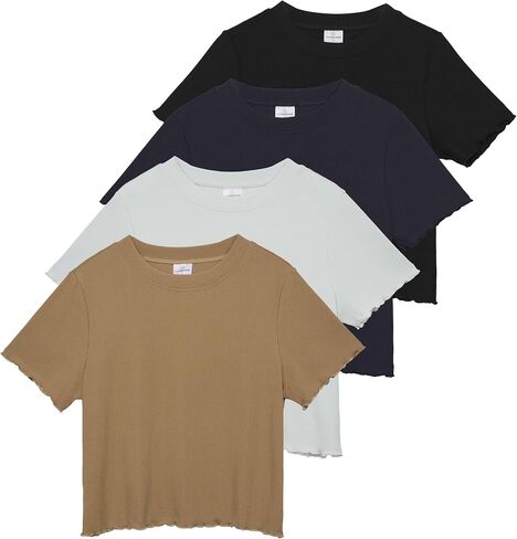 Real Essentials 4 Pack:Women's Lettuce Trim Ribbed Knit Short Sleeve Crop Tops Shirts Casual Summer Going Out T-Shirts in Saudi Arabia