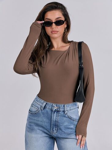 ANRABESS Womens Double Lined Long Sleeve Shirts Ruched Neck Tops Slim Fit Crop Tshirts Fall Tight Going Out Outfits in Saudi Arabia