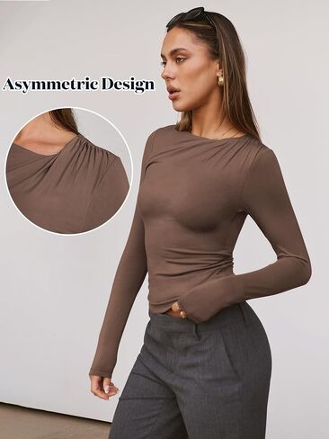 ANRABESS Womens Double Lined Long Sleeve Shirts Ruched Neck Tops Slim Fit Crop Tshirts Fall Tight Going Out Outfits in Saudi Arabia