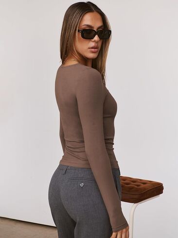 ANRABESS Womens Double Lined Long Sleeve Shirts Ruched Neck Tops Slim Fit Crop Tshirts Fall Tight Going Out Outfits in Saudi Arabia