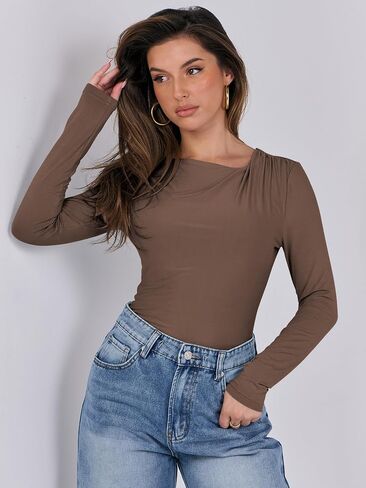 ANRABESS Womens Double Lined Long Sleeve Shirts Ruched Neck Tops Slim Fit Crop Tshirts Fall Tight Going Out Outfits in Saudi Arabia