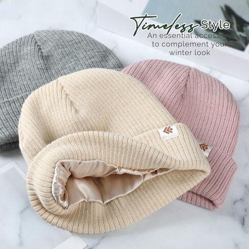 Beanie Hat for Women Men Satin Lined Beanie Winter Hats Silk Lined Slouchy Beanie Warm Ski Hat Unisex Knit Cap in Kuwait