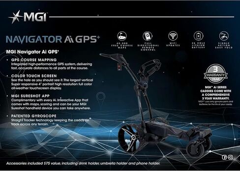 عربة جولف كهربائية MGI Navigator Ai GPS+ | بطارية ليثيوم 36 فتحة مع جهاز تحكم عن بعد | حزمة تحتوي على منشفة كبيرة جدًا من PlayBetter، وحامل مشروبات، وحامل مظلة، وحامل هاتف GPS، باللون الأسود in Kuwait