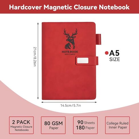 Journal Notebook Lined, 180 Pages A5 College Ruled Hardcover Leather Journals for Writing,Travel,Business,Work, 80 GSM Thick Paper with Pen & Magnetic Buckle 5.7" x 8.26" Brown in Saudi Arabia