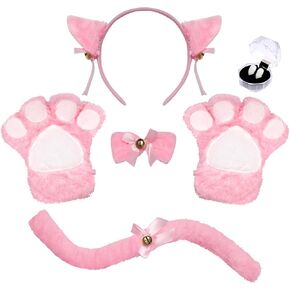 Fumwase 5 Pcs Cat Halloween Costume Cosplay Accessories Cat Ears Headband Collar Paws Gloves Teeth Fangs Tail for Adult