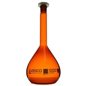Eisco Amber Volumetric Flask, 1000mL - Class A - Borosilicate Glass, Polyethylene Stopper, 19/26 Socket - QR Code Marking for Calibration Certificate