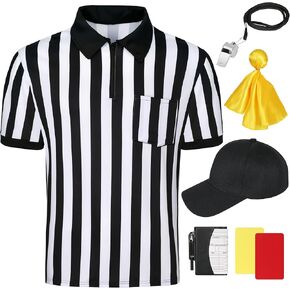 Referee Costume Men Black and White Stripe Neck, Referee Cards, Referee Hat, Penalty Flag Gear for Football Soccer, Whistle