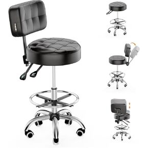 YJHome Rolling Stool, Rolling Stools with Wheels Foot Rest, Backrest Adjustable Height, Heavy Duty 400lbs Weight Capacity, Salon Spa Tattoo Massage Office Swivel Stool Chair (Black)