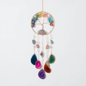 Agate Gemstone Dream Catcher 7 Chakra Tree of Life Dream Catcher with Rainbow Crystal Stones Handmade Dreamcatcher Wall Decor for Adults Boys Girls,Bedroom,Wedding,Garden,Bless Gift(Rainbow Moon)