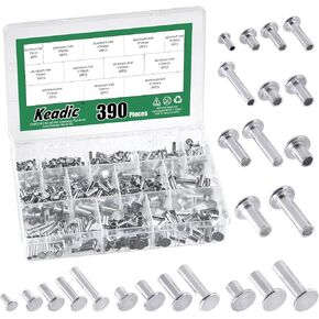 Keadic 390Pcs M4 M5 M6 Aluminum Flat Head Semi-Tubular Rivets Assortment Set, 12 Sizes Silver Tone Metal Stud Fasteners for Leather Household Automobile Industry in Kuwait