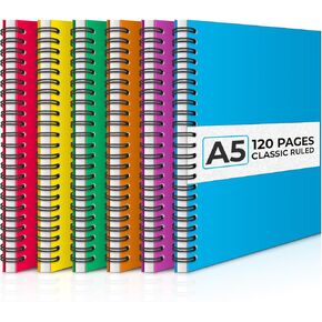 Spiral Lined Notebook, 6 Pack, A5, 8.3 x 5.8", 120 Pages (60 Sheets), Thick Black Water Resistant Hardcover, No-Bleed 100 GSM Lined Paper, Students & Office, Business Diary Ruled Spiral Journal
