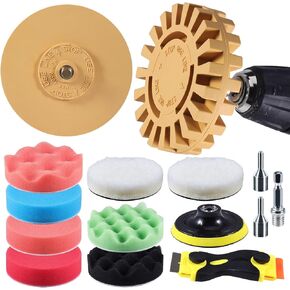 Eraser Wheel, VONDERSO Decal Remover, Adhesive Remover, 13PC Rubber Pin Stripe Removal Tool Kit for Drill for Automotive Car Sticker, Vinyl, Rv, with Polishing Pads, Wool Buffing Pad and Razor Blades