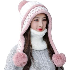 HUAMULAN Women Winter Beanie Hat Circle Scarf Set Pompoms Ski Snow Ear Flaps Sherpa Knit Hats Neck Warmer Set