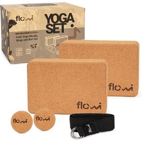 Natural Cork Yoga Blocks 2 Pack with Strap & Massage Balls - Yoga Props with Cork Yoga Block Brick Set, Myofascial Cork Ball & Yoga Strap for Stretching - Premium Yoga Accessories for Women & Men