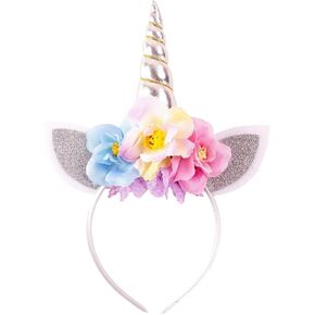 Nishine Glitter Unicorn Horn Headband Simulated Rosebush Crown Tiaras Hair Band for Birthday Unicorn Party Supplies