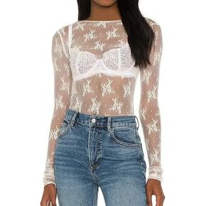 Rapbin Womens Lace Long Sleeve Tops Boat Neck Embroidery Sheer Blouse Sexy See Through Shirt Mesh Top S-XXL