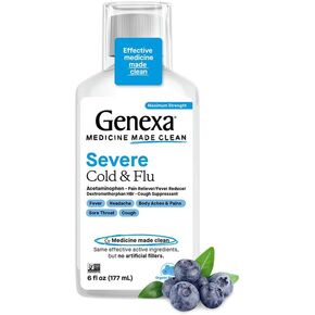 Genexa Daytime Cold & Flu Alleviation| Acetaminophen 650mg with Dextromethorphan | Organic Blueberry Flavor | 6 Fluid Ounces