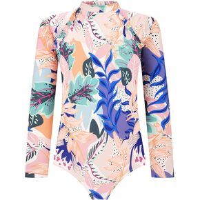 Girls Long Sleeve Swimsuit - UPF 50+ Chlorine Resistant Zip-Back Girls' One-Piece Swimwear | Size 6-12