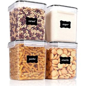 Vtopmart Large Food Storage Containers 5.2L / 175oz, 4 Pieces BPA Free Plastic Airtight Canisters for Flour, Sugar, Baking Supplies, Rice with Lids, 4 Measuring Cups and 24 Labels, Black