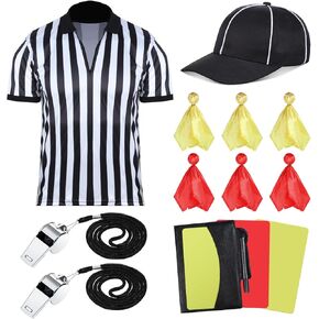 Wettarn Men's Official Referee Costume Set Referee Shirt Referee Hat, Whistle with Lanyard Penalty Flag Cards Scorebook