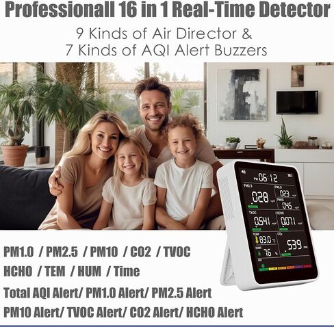 Air Quality Monitor Indoor with 9 AQI & 7 AQI Buzzer Alarm Functions, 16 in 1 Portable Real-Time Detector with PM1.0/2.5/1.0 | CO2 | TVOC | HCHO | Temp | Hum for Home Cars Plants and Pets in Saudi Arabia