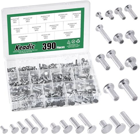 Keadic 390Pcs M4 M5 M6 Aluminum Flat Head Semi-Tubular Rivets Assortment Set, 12 Sizes Silver Tone Metal Stud Fasteners for Leather Household Automobile Industry in Kuwait