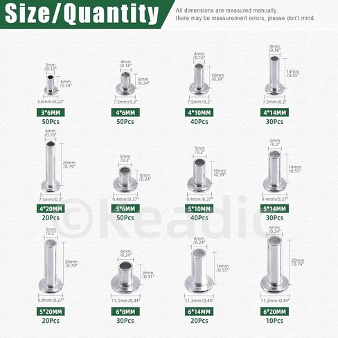 Keadic 390Pcs M4 M5 M6 Aluminum Flat Head Semi-Tubular Rivets Assortment Set, 12 Sizes Silver Tone Metal Stud Fasteners for Leather Household Automobile Industry in Kuwait