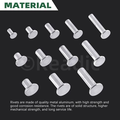 Keadic 390Pcs M4 M5 M6 Aluminum Flat Head Semi-Tubular Rivets Assortment Set, 12 Sizes Silver Tone Metal Stud Fasteners for Leather Household Automobile Industry in Kuwait
