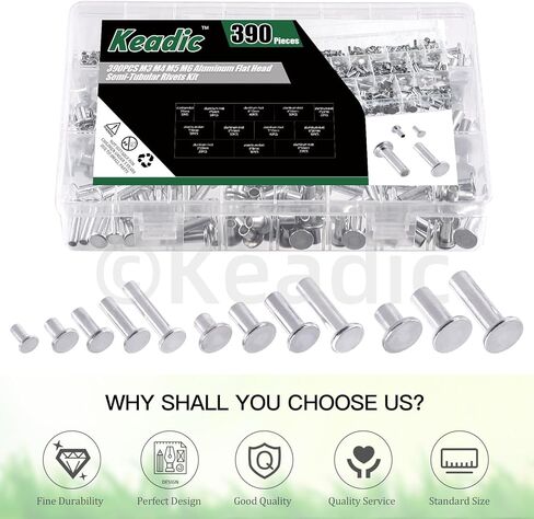 Keadic 390Pcs M4 M5 M6 Aluminum Flat Head Semi-Tubular Rivets Assortment Set, 12 Sizes Silver Tone Metal Stud Fasteners for Leather Household Automobile Industry in Kuwait