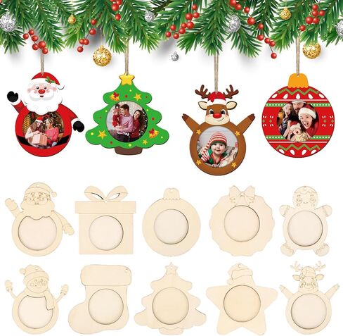 Wooden Christmas Photo Ornaments Crafts to Paint for Christmas Tree Decorations, Color Your Own Xmas Picture Frame Hanging Ornament Craft for Painting Set of 10 (Christmas Shape) in Kuwait