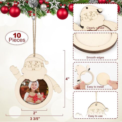 Wooden Christmas Photo Ornaments Crafts to Paint for Christmas Tree Decorations, Color Your Own Xmas Picture Frame Hanging Ornament Craft for Painting Set of 10 (Christmas Shape) in Kuwait