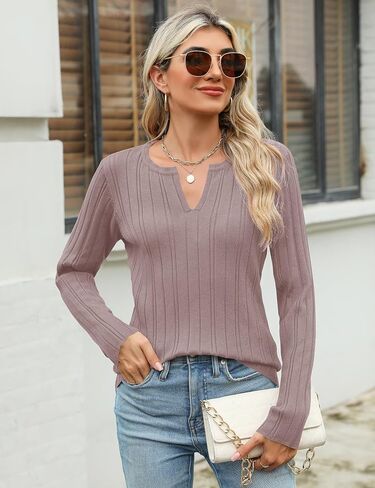 Rapbin Womens Sweaters V Neck Long Sleeve Ribbed Knit Stretchy Fit Pullover Sweater Dressy Casual Fall Tops 2024 S-XL in Saudi Arabia