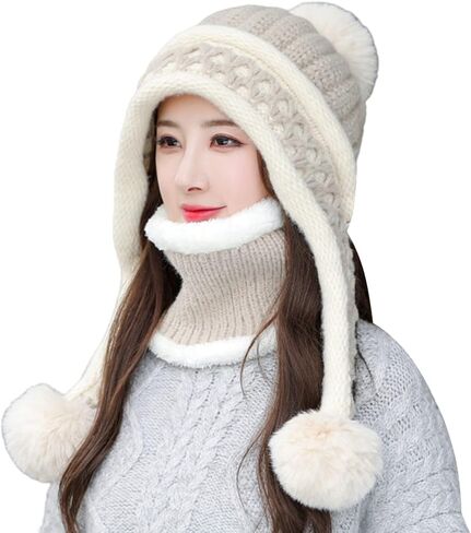 HUAMULAN Women Winter Beanie Hat Circle Scarf Set Pompoms Ski Snow Ear Flaps Sherpa Knit Hats Neck Warmer Set in Kuwait