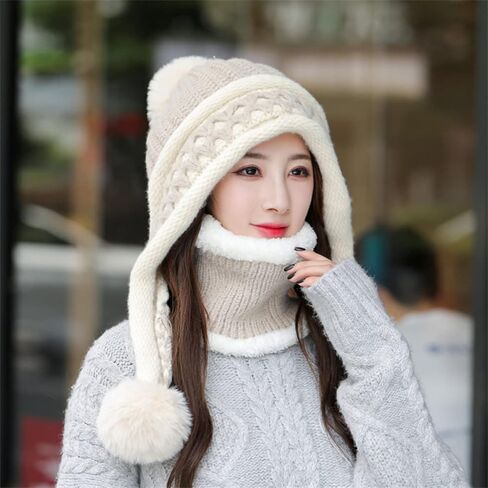 HUAMULAN Women Winter Beanie Hat Circle Scarf Set Pompoms Ski Snow Ear Flaps Sherpa Knit Hats Neck Warmer Set in Kuwait