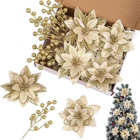 24 جهاز كمبيوتر شخصى 3 أنماط عيد الميلاد البونسيتة الزهور الحلي شجرة عيد الميلاد، 16 جهاز كمبيوتر شخصى زهور عيد الميلاد الاصطناعية و 8 حزمة يختار التوت الاصطناعي لعيد الميلاد عطلة ديكور الزفاف، الشمبانيا in Kuwait