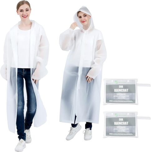 Rain Ponchos for Adults Reusable 2 Pack EVA Raincoats for Women Men 100%/20% Extra thicker with Cuff Size Adjusters in Kuwait
