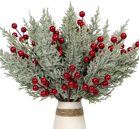 30Pcs Artificial Pine Branches with Red Berry Stems Assorted Faux Cedar Leaves Sprigs Holly Berries Twigs Christmas Tree Picks Greenery Sprays for DIY Craft Wreath Garland Holiday Season Décor (Green) in Saudi Arabia