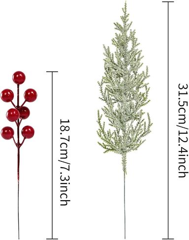 30Pcs Artificial Pine Branches with Red Berry Stems Assorted Faux Cedar Leaves Sprigs Holly Berries Twigs Christmas Tree Picks Greenery Sprays for DIY Craft Wreath Garland Holiday Season Décor (Green) in Saudi Arabia