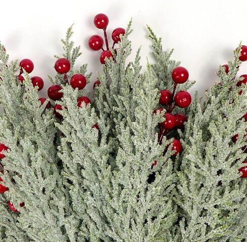 30Pcs Artificial Pine Branches with Red Berry Stems Assorted Faux Cedar Leaves Sprigs Holly Berries Twigs Christmas Tree Picks Greenery Sprays for DIY Craft Wreath Garland Holiday Season Décor (Green) in Saudi Arabia