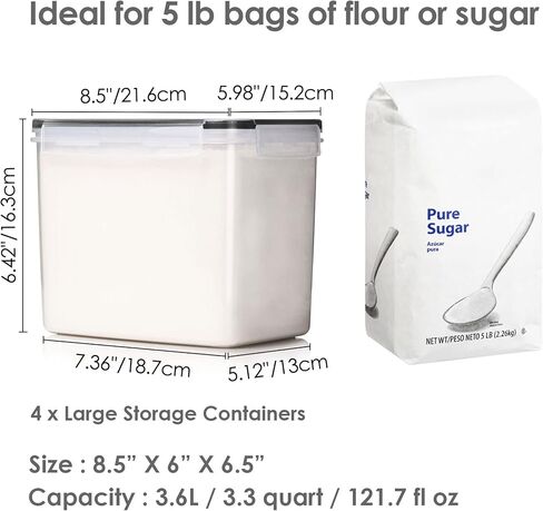 Vtopmart Large Food Storage Containers 5.2L / 175oz, 4 Pieces BPA Free Plastic Airtight Canisters for Flour, Sugar, Baking Supplies, Rice with Lids, 4 Measuring Cups and 24 Labels, Black in Kuwait