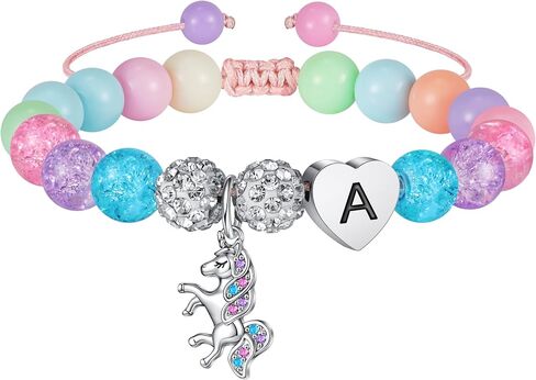 Hidepoo Unicorns Gifts for Girls - Adjustable Beads and Rhinestone Balls Bracelet Heart Initial Unicorn Bracelet Rainbow CZ Unicorn Charm Bracelet Birthday Unicorn Gifts for Girls in Kuwait