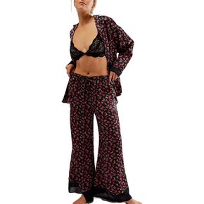 Women Satin Pajama Set 2 Piece Casual Lounge Set Long Sleeve Floral Printing Button Down Shirt Wide Leg Pants Set