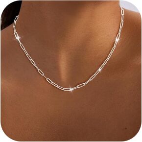 Silver Paperclip Chain Necklace for Women, Dainty Silver Choker Necklaces for Women Trendy Simple Long Minimalist Waterproof Link Necklace Jewelry Gifts for Women 16/18/20 in