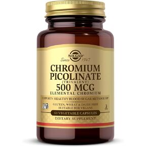 Solgar Chromium Picolinate 500 mcg - 60 Vegetable Capsules - Supports Sugar, Fat & Protein Metabolism - Non-GMO, Gluten Free, Kosher - 30 Servings