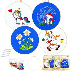Fofvccv 4 Sets Embroidery Kit for Beginners Adults Kids, Cute Flowers and Plants Patterns Cross Stitch Starter Kits DIY Starter Embroidery Kits with with Embroidery Hoop Thread Needle